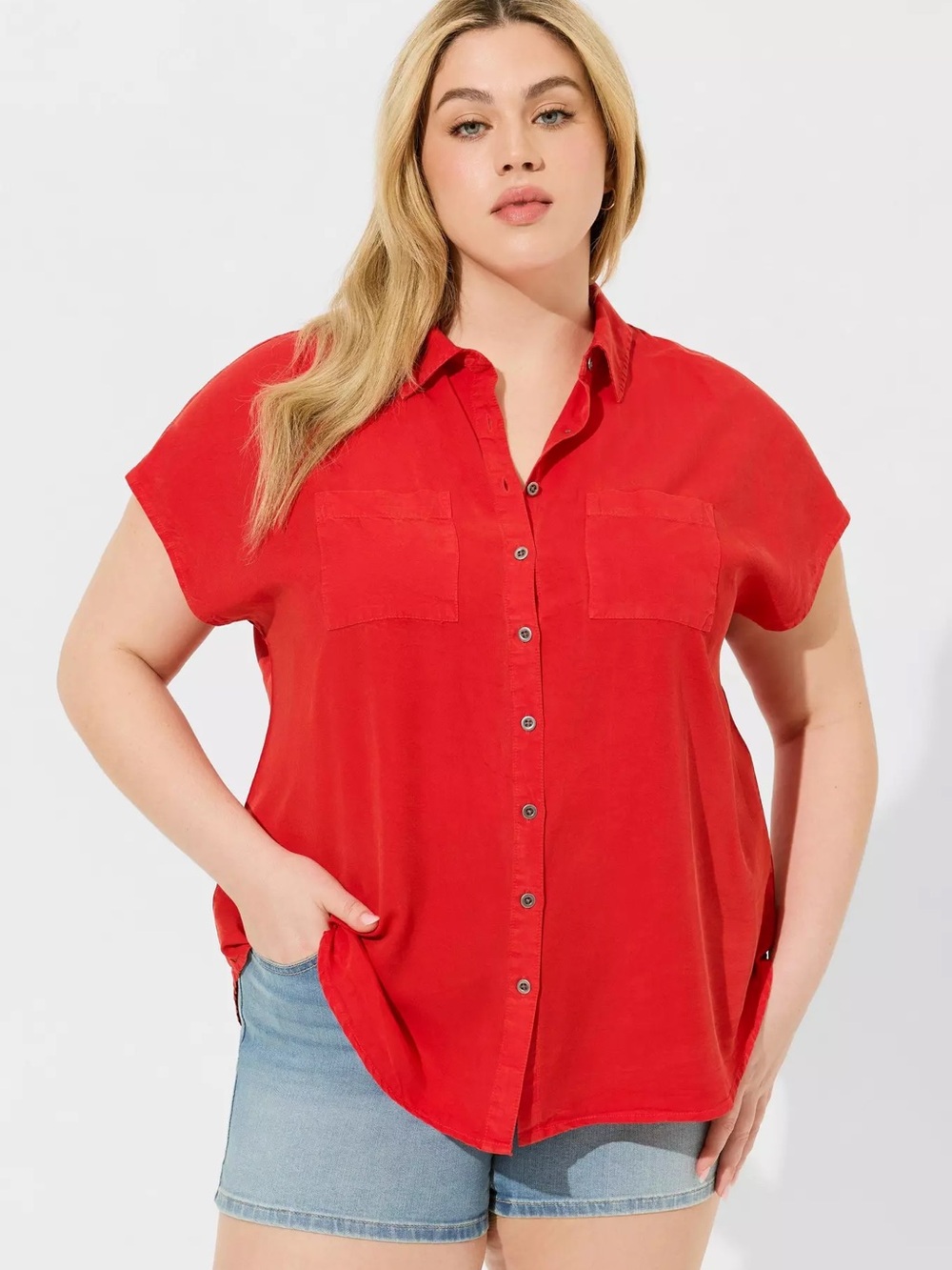 Torrid Button Up Dolman Chambray Shirt Red Size 3X